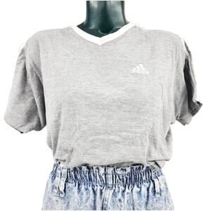 Vintage Adidas Grey White 3 Stripe V Neck T Shirt Embroidered Logo L 1027
